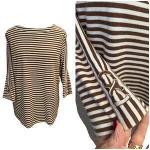 Vintage Blair Shirt Womens Medium M Brown White Striped 3/4 Sleeve Stretch